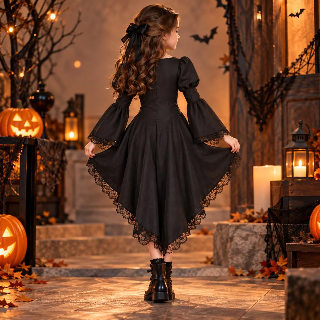 Black Gothic Victorian Dress, Lace Bell Sleeve Halloween Costume, Renaissance Medieval Dress, Vampire Witch Party Outfit for Women - image 2