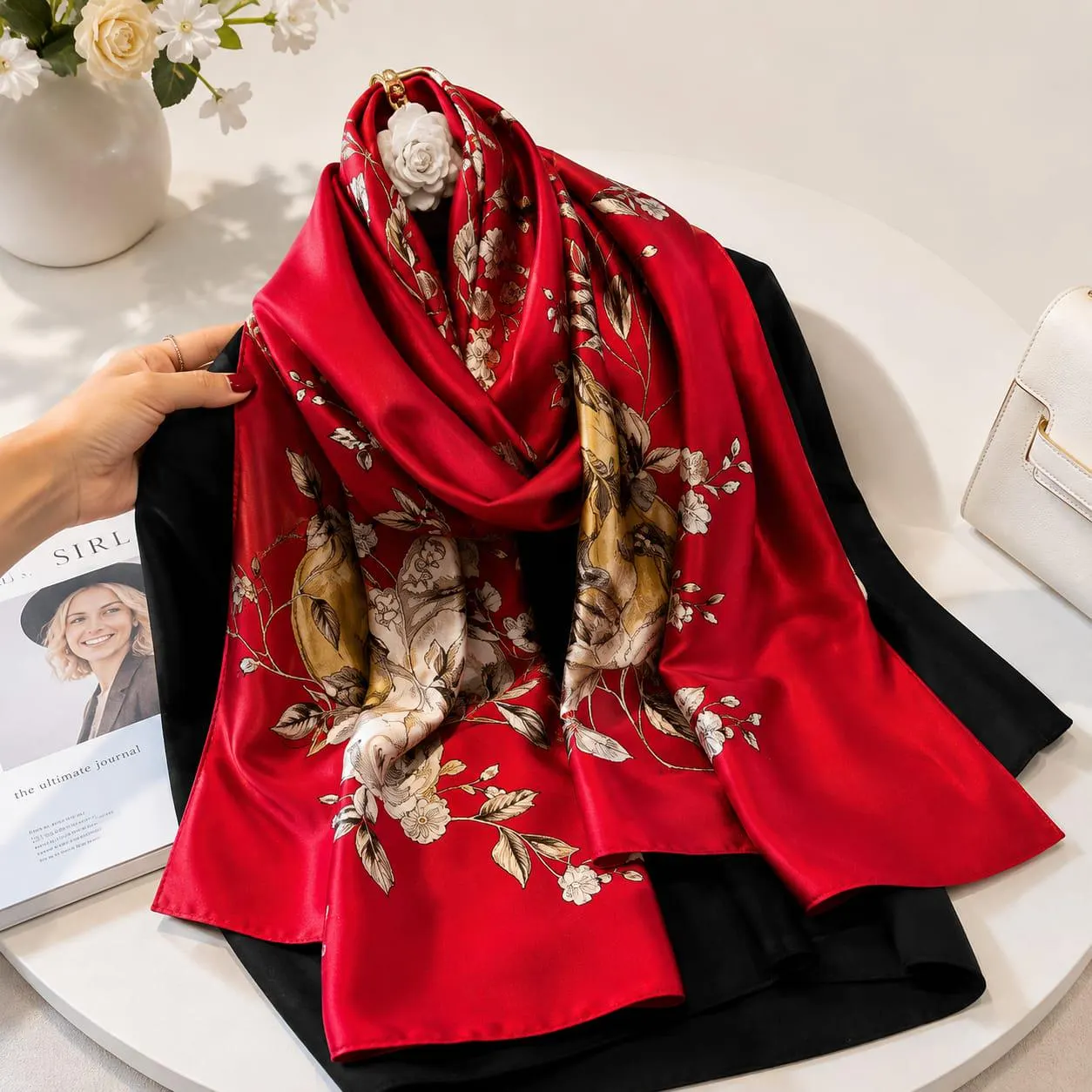 Women’s Satin Scarf, Elegant Floral Printed Scarf, Lightweight Fashion Wrap, Silk-Look Shawl - image 2