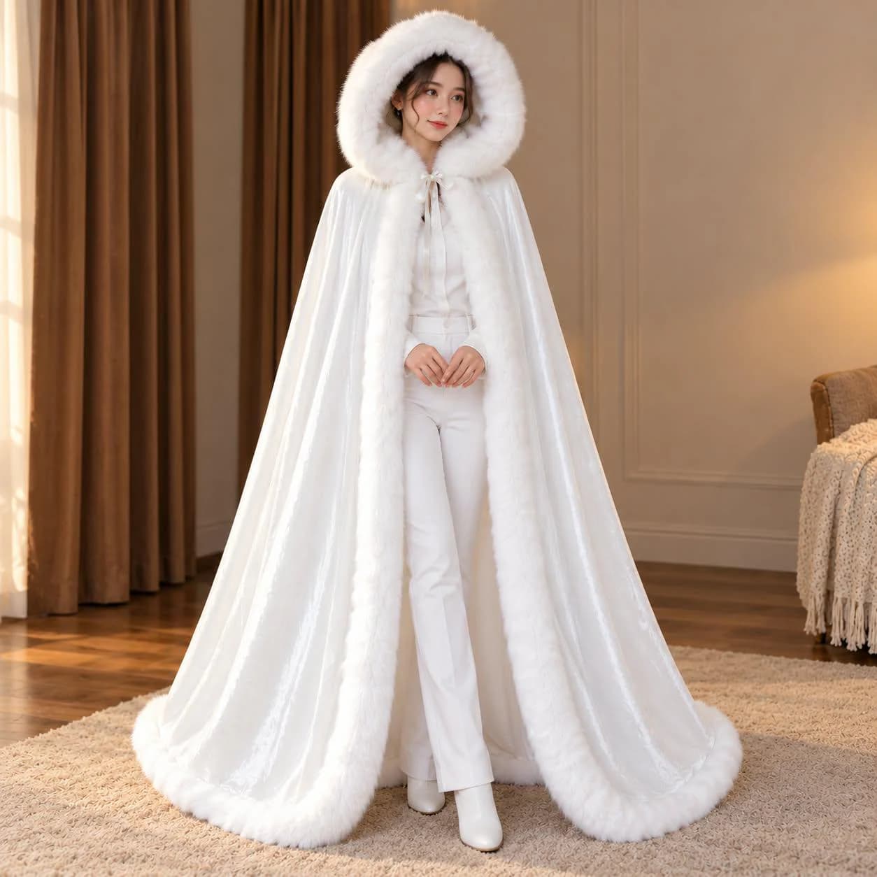 Women's Hooded Fur Trimmed Cape One Size Black Red White Elegant Flowing Formal Photoshoot Costume, Fur Trim Cape, Bridal Cape, Winter Cape - image 4