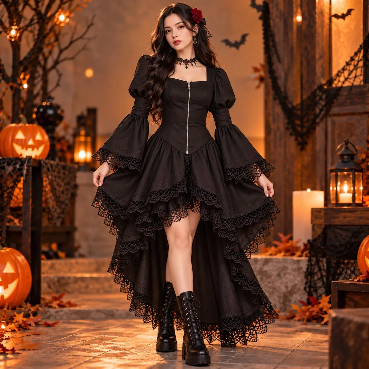 Black Gothic Victorian Dress, Lace Bell Sleeve Halloween Costume, Renaissance Medieval Dress, Vampire Witch Party Outfit for Women