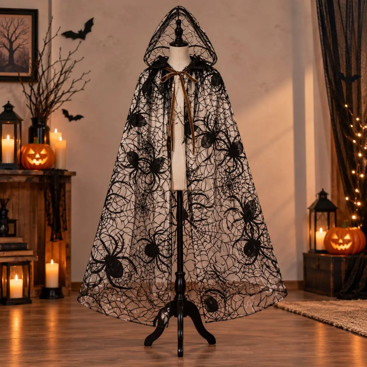 Spider Web Hooded Cape, Sheer Halloween Witch Cloak, Gothic Bat Costume, Long Mesh Cosplay Cape - image 4
