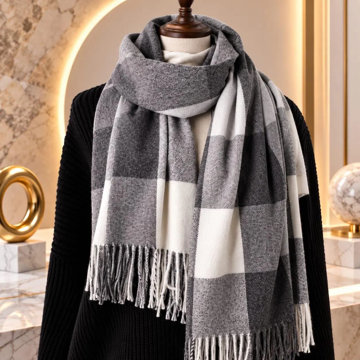 Women’s Plaid Scarf, Checkered Winter Scarf, Soft Woven Wrap, Fringed Tassel Scarf, Cozy Fashion Shawl, Lightweight Warm Scarf, Gift for Her - image 4