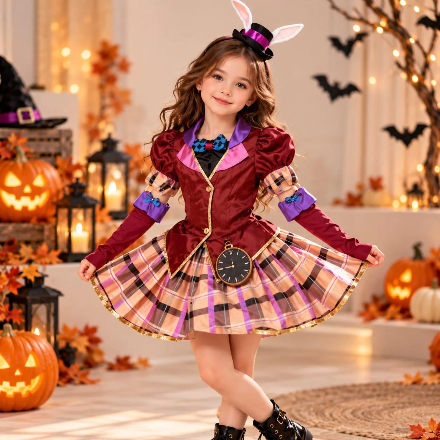 Girls Plaid Bunny Rabbit Costume, Top Hat, Pocket Watch, Arm Cuffs