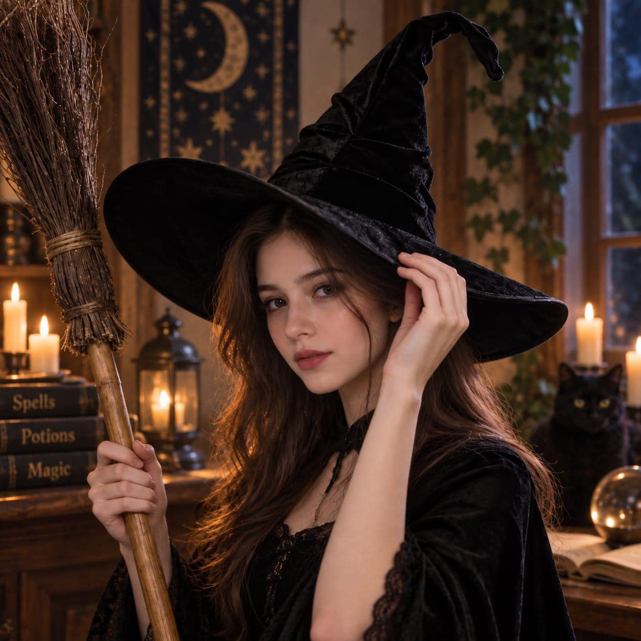 Black Velvet Witch Hat, Wide Brim Halloween Costume Hat, Gothic Wizard Hat, Men & women Party Accessory