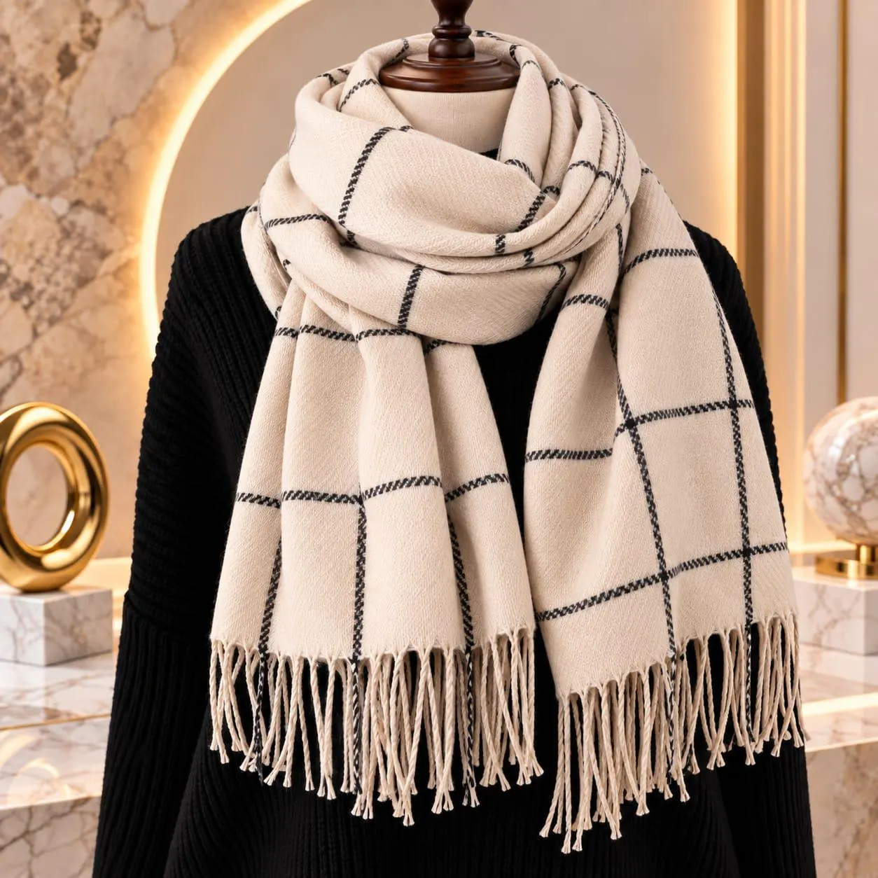 Women’s Plaid Scarf, Checkered Winter Scarf, Soft Woven Wrap, Fringed Tassel Scarf, Cozy Fashion Shawl, Lightweight Warm Scarf, Gift for Her