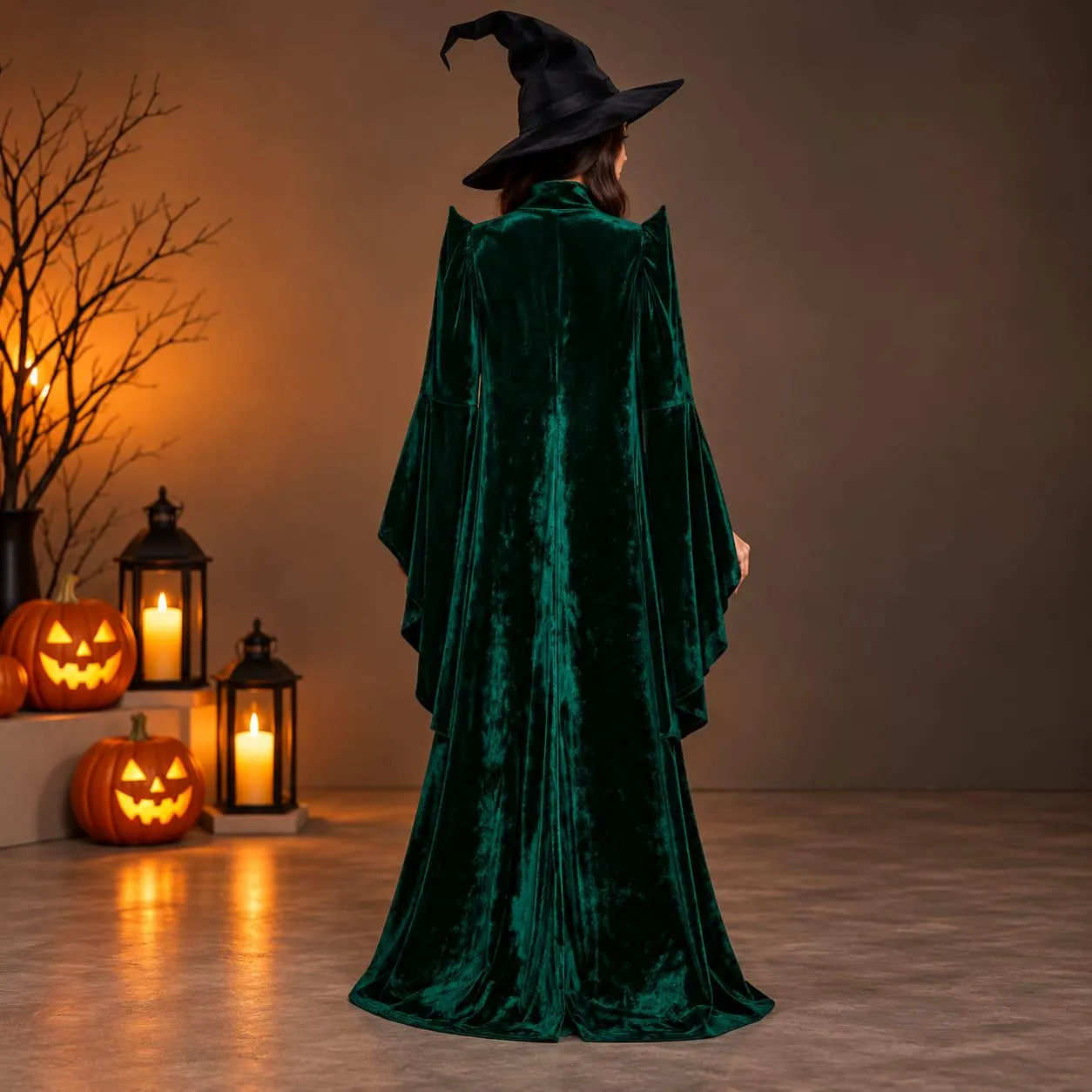 Green Velvet Witch Professor Costume Set, Gothic Halloween Cosplay Outfit