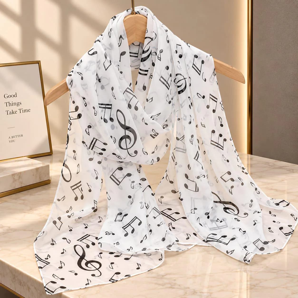 Music Notes Chiffon Scarf, Musical Note Print Shawl, Lightweight Music Lover Gift, Sheer Scarf for Women, Music Teacher Gift