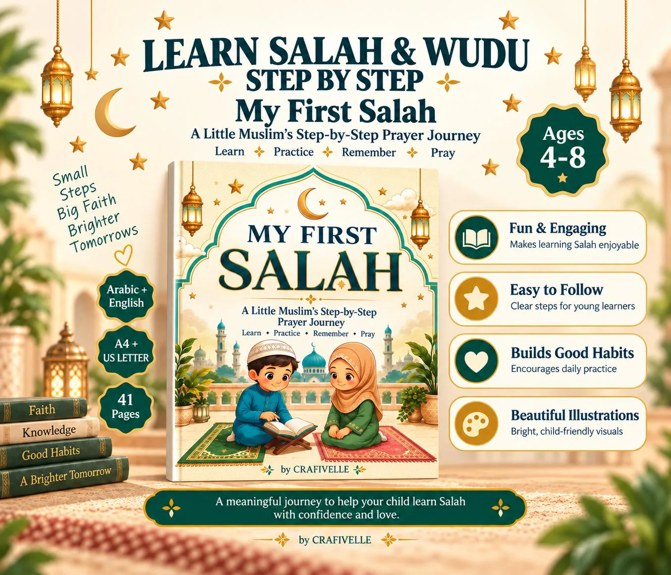 My First Salah printable prayer book for kids ages 4–8, 41-page Arabic-English Salah and Wudu learning workbook with step-by-step Islamic activities, A4 and US Letter PDF by CRAFIVELLE.