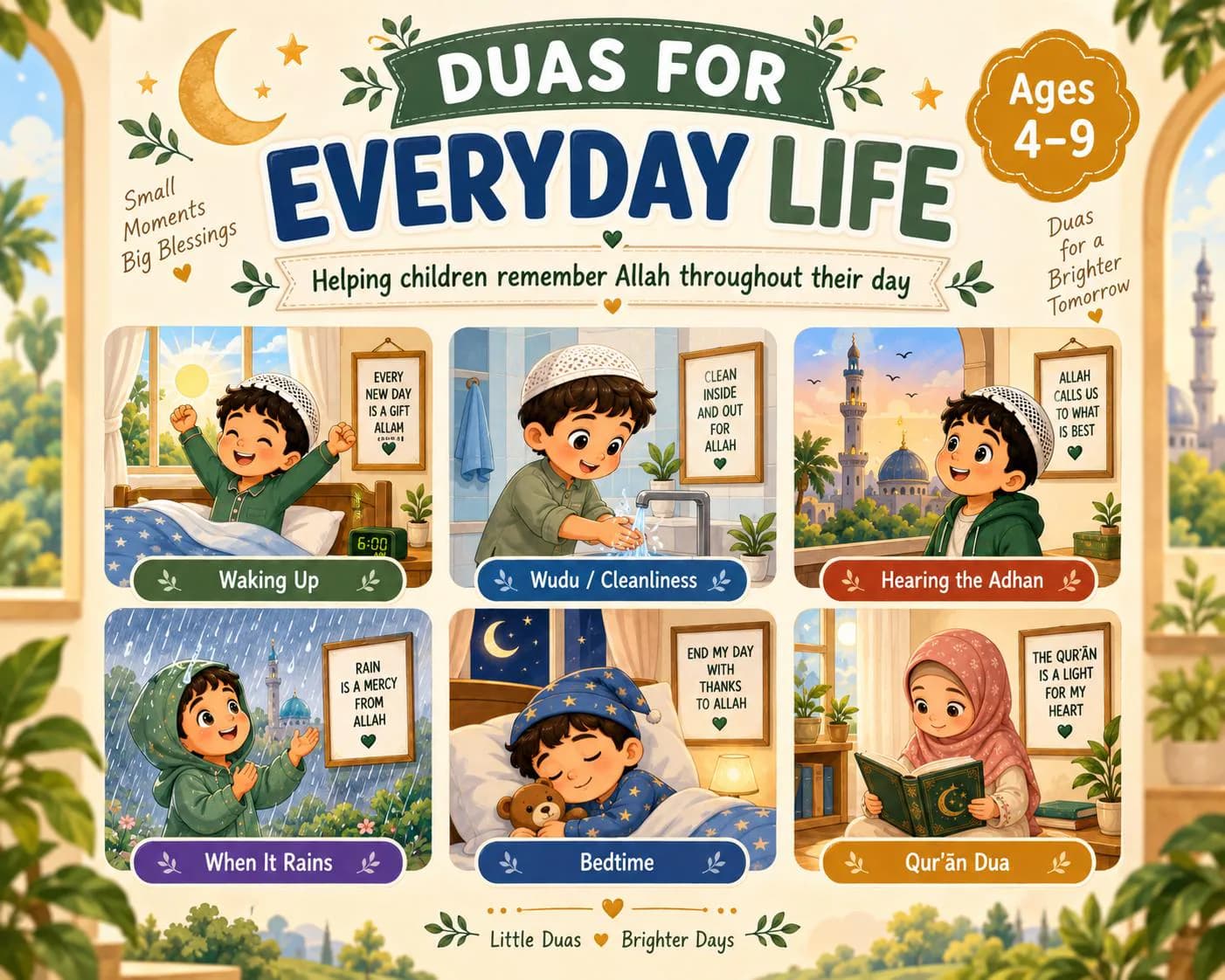 Duas for everyday life from My First 40 Duas, with colorful illustrated examples for morning, home, food, travel, bedtime and other daily moments to help Muslim kids remember Allah throughout the day.