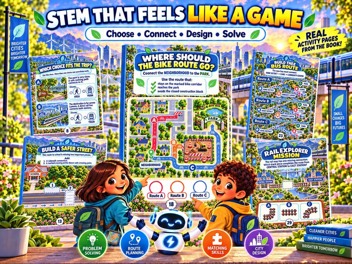 Printable STEM engineering activities for kids with route planning, transportation maps, bike route choices, bus network challenges and railway problem solving.
