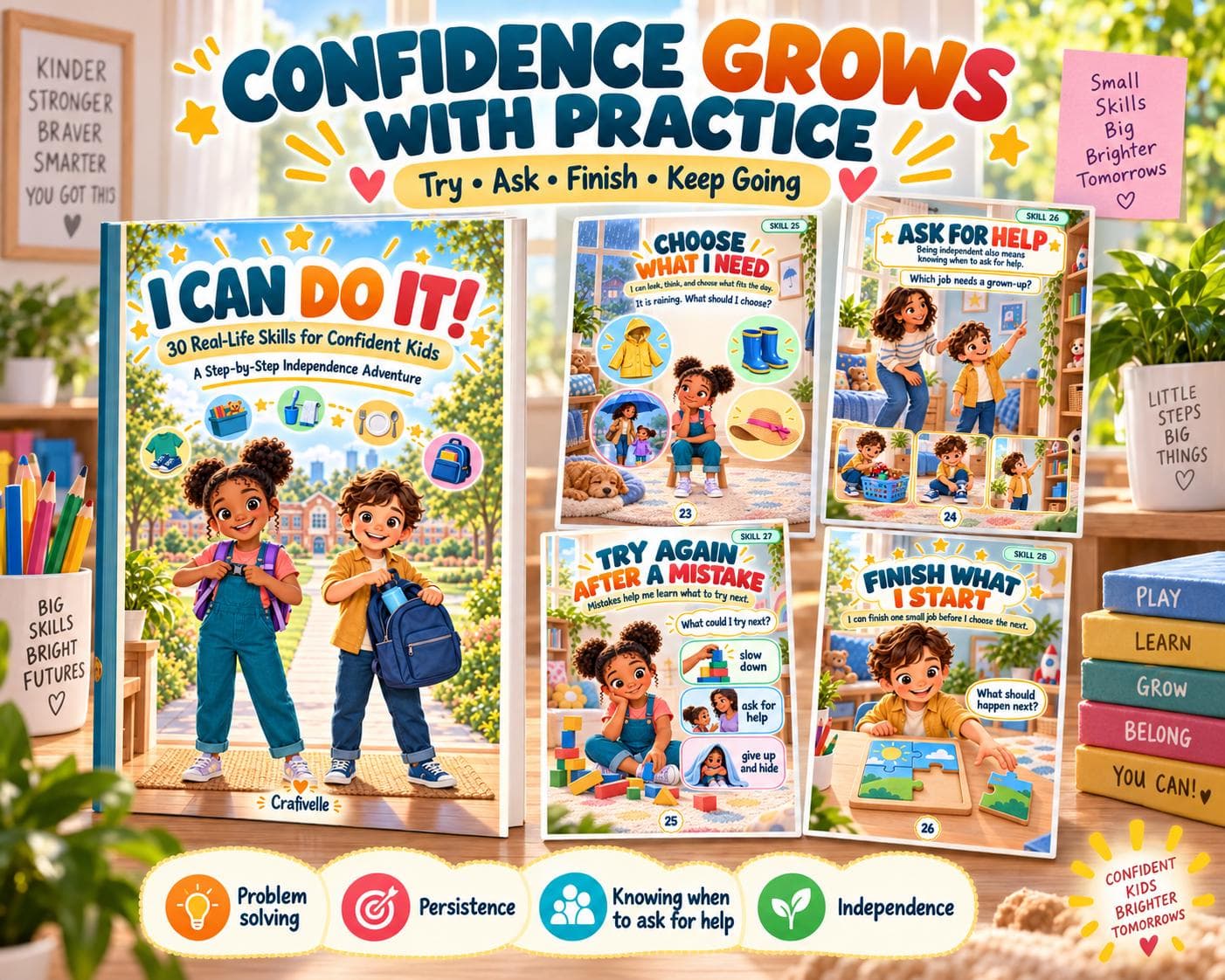 Confidence-building kids workbook with activities about making choices, asking for help, trying again after mistakes and finishing tasks.