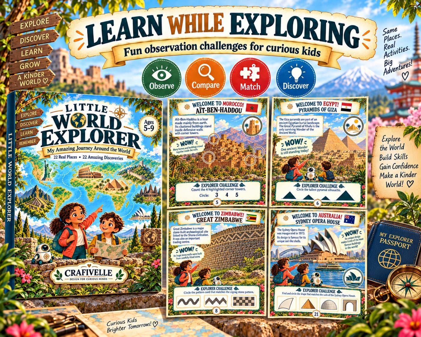 Little World Explorer cover with printable learning pages about Morocco, Egypt, Zimbabwe and Australia, plus Observe, Compare, Match and Discover activity icons.