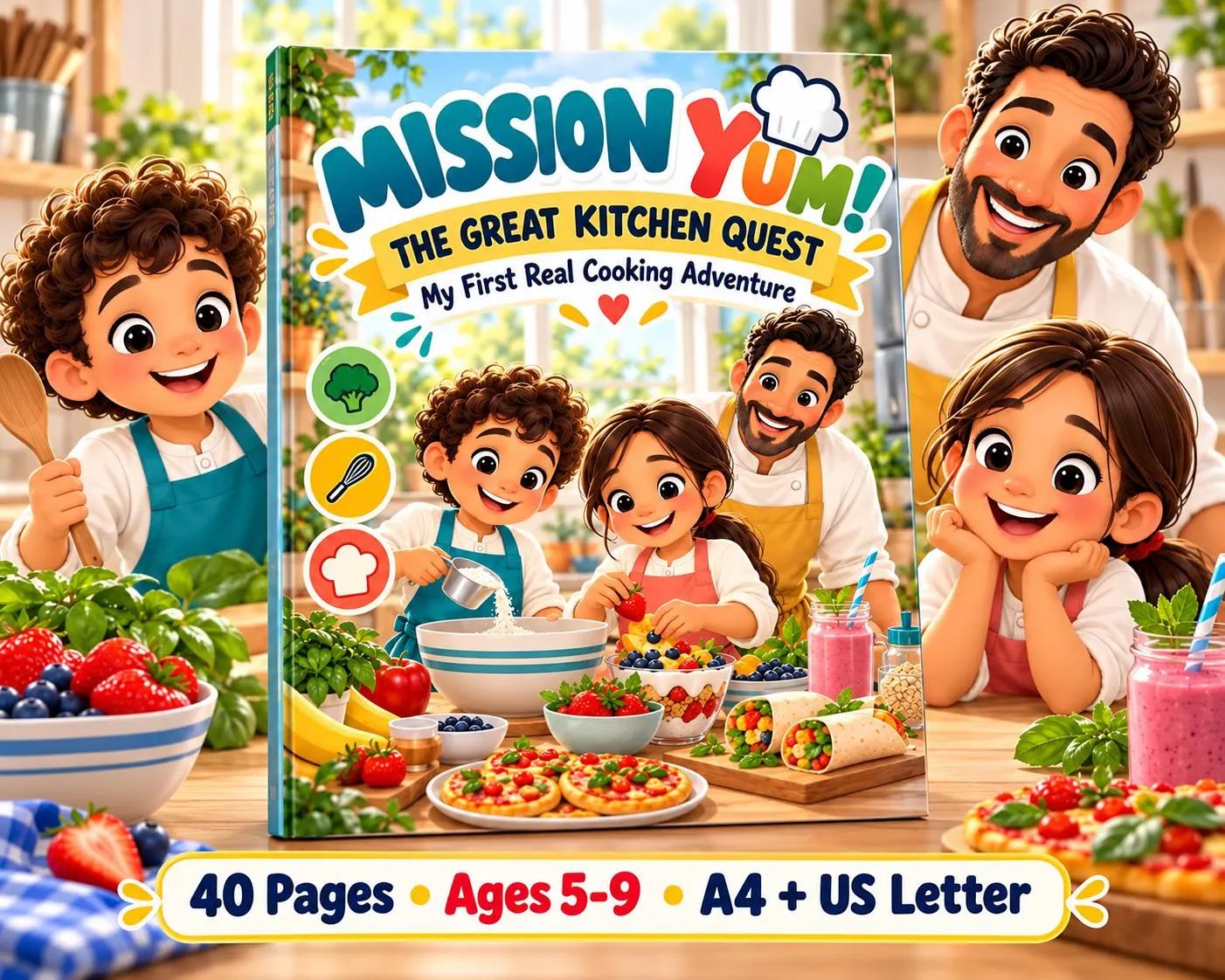 Mission Yum printable kids recipe book for ages 5–9 featuring two young cooks, a chef, colorful food and a 40-page cooking adventure in A4 and US Letter.