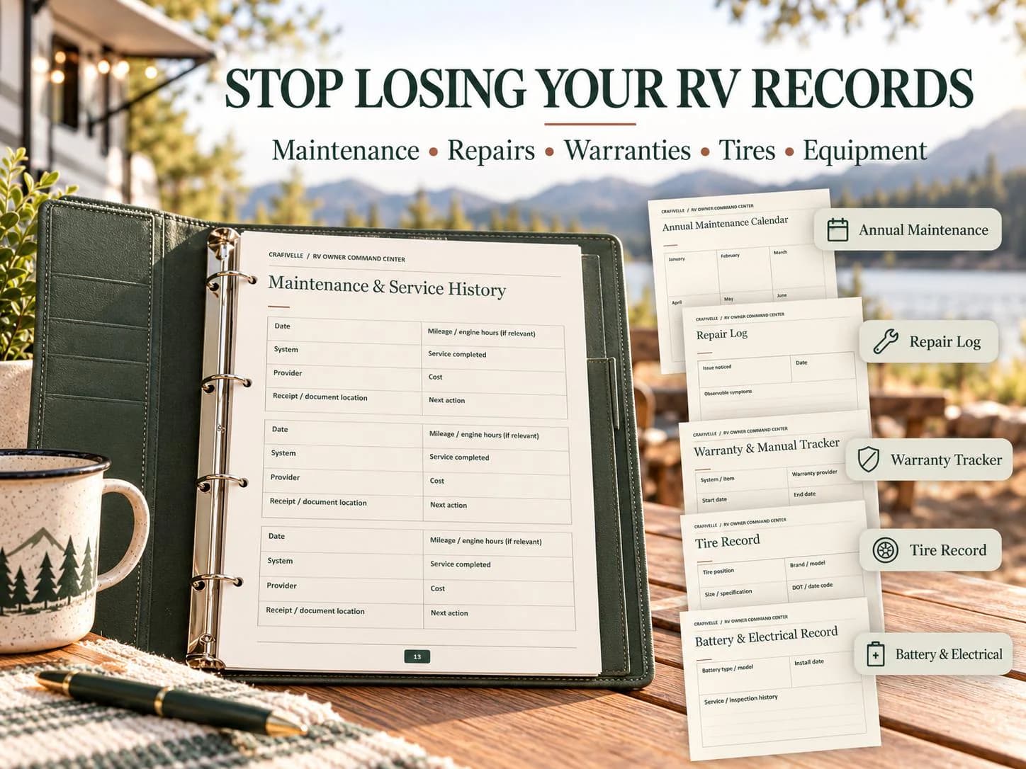 Printable RV maintenance binder with service history, repair log, warranty tracker, tire record and electrical records.