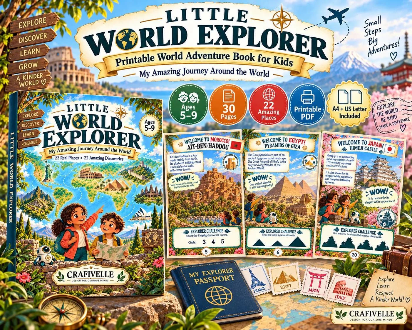 Colorful Little World Explorer printable activity book displayed with two young explorers, a world map and famous landmarks including pyramids, Taj Mahal, Great Wall and Sydney Opera House.
