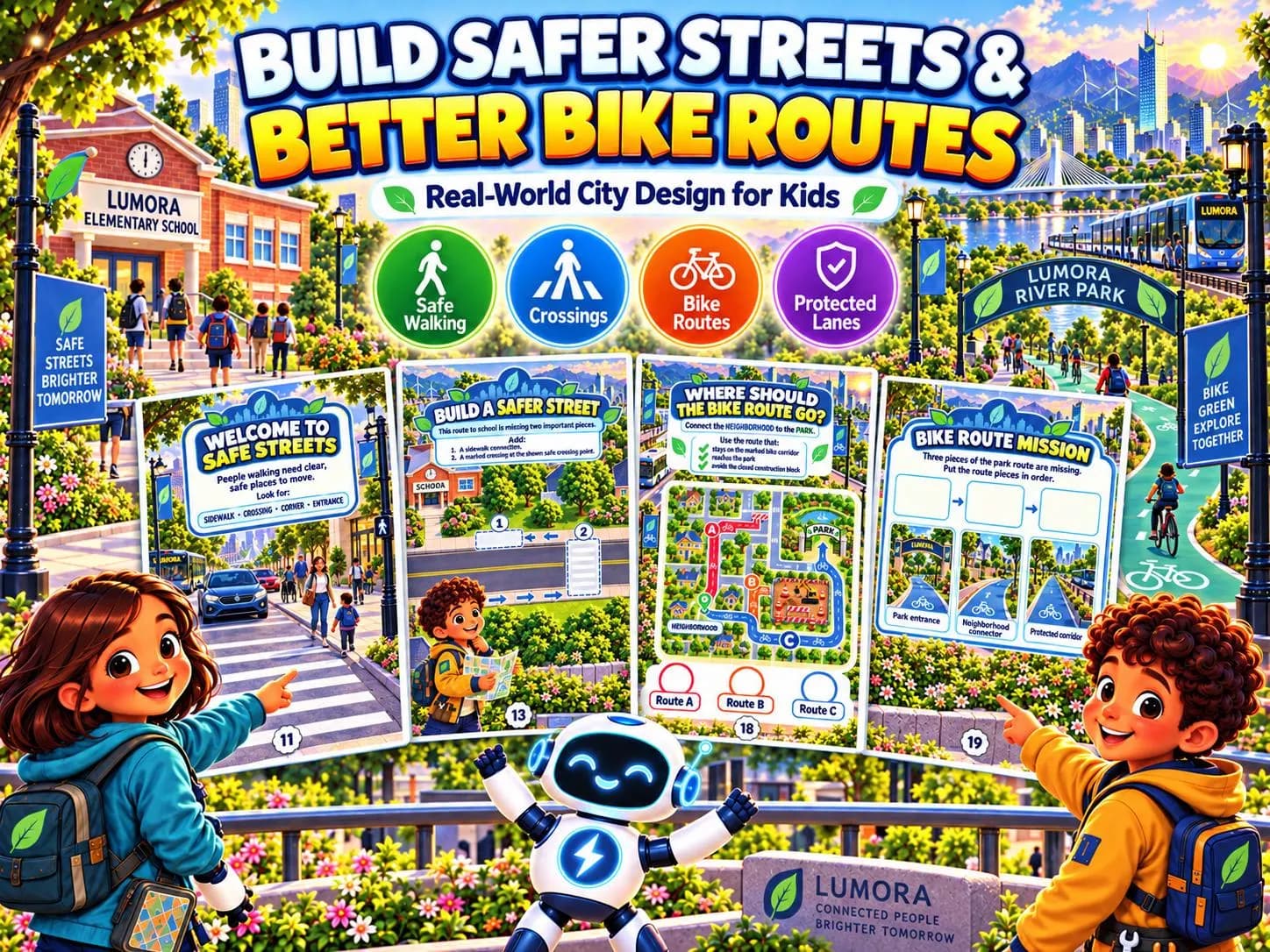 Road safety and bike route activities for kids showing safe crossings, sidewalks, protected bike lanes and real-world city design challenges.