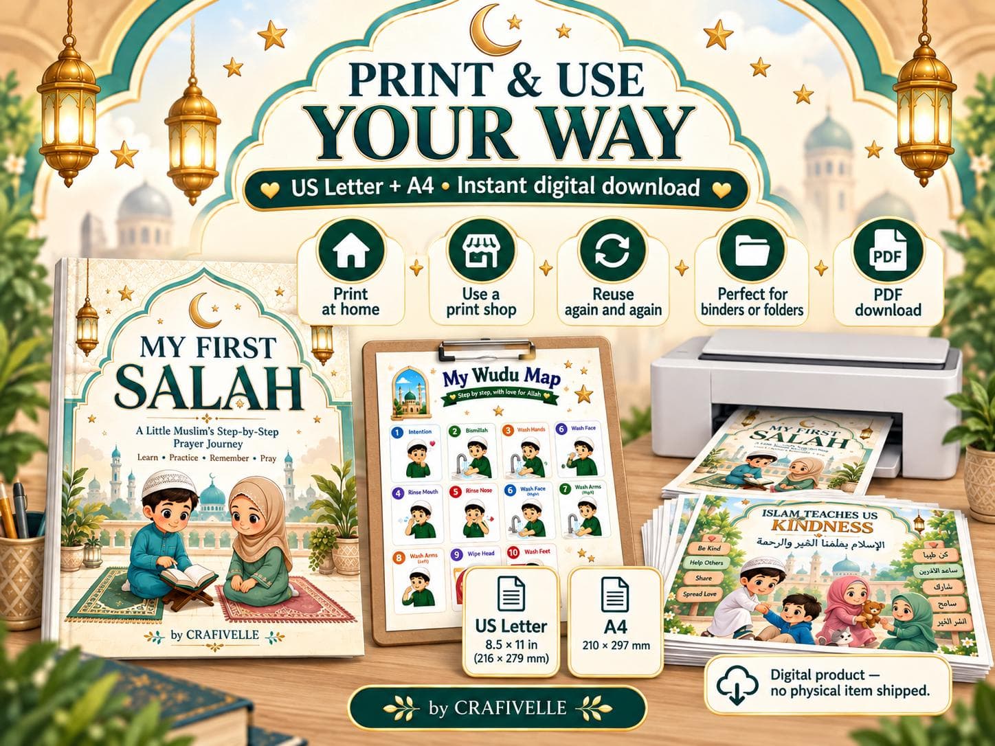 Printable My First Salah digital PDF in US Letter and A4 sizes for home printing, binders or learning activities, designed for Muslim kids learning how to pray.