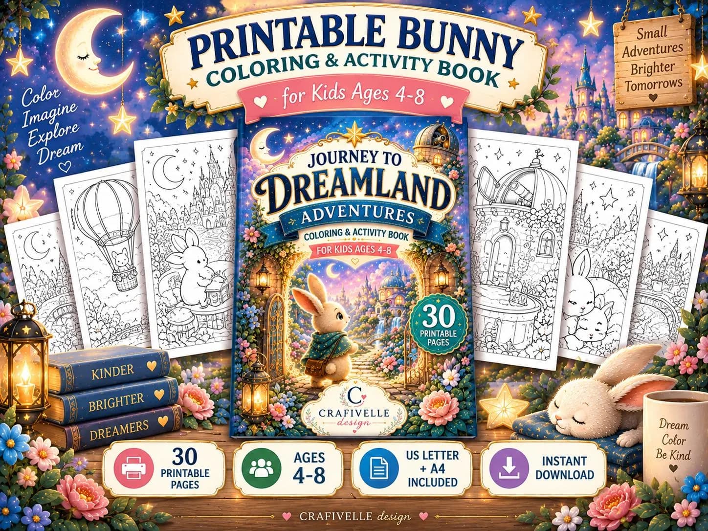 Journey to Dreamland Adventures printable bunny coloring and activity book for kids ages 4–8, featuring 30 magical rabbit coloring pages, fantasy scenes and bonus activities in A4 and US Letter PDF formats.
