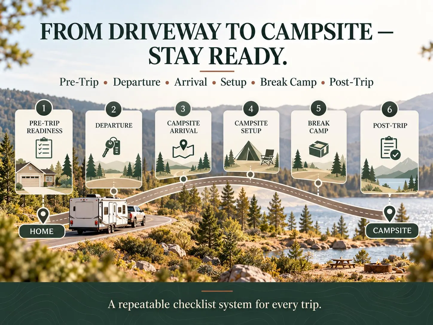 RV camping checklist system showing pre-trip, departure, campsite arrival, setup, break camp and post-trip organization.