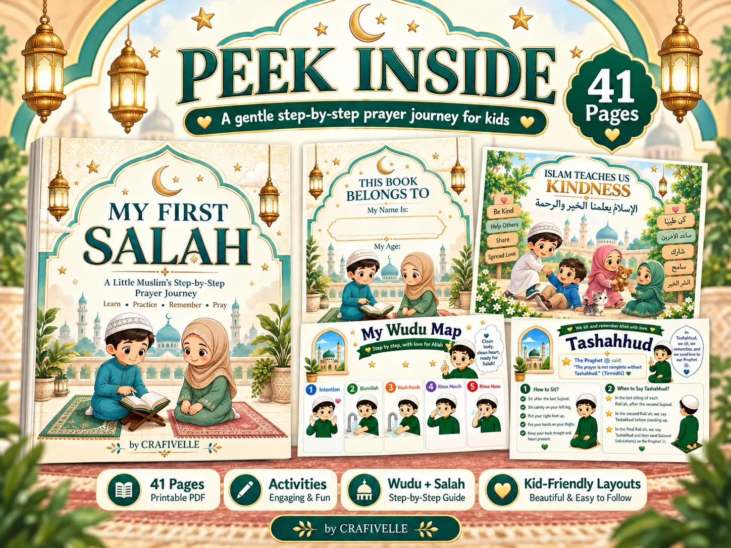 Peek inside My First Salah 41-page printable Islamic book showing colorful lessons on Wudu, Salah positions, prayer preparation and learning to pray for kids.
