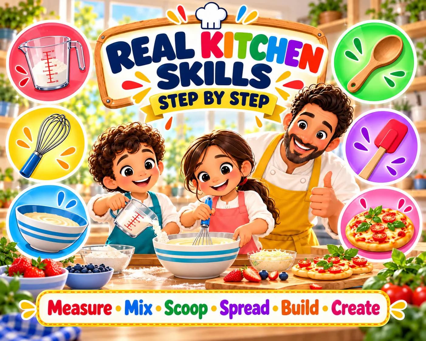 Printable kids cooking book teaching real kitchen skills including measuring, mixing, scooping, spreading, using kitchen tools and creating food.