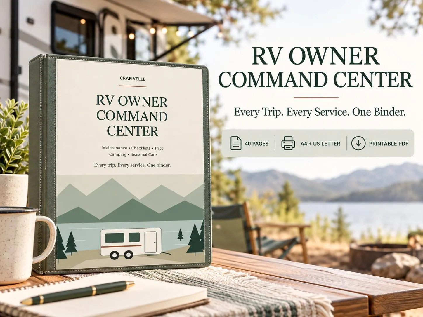 Printable RV Owner Command Center binder with 40 pages for maintenance, trips, camping checklists and seasonal care in A4 and US Letter.