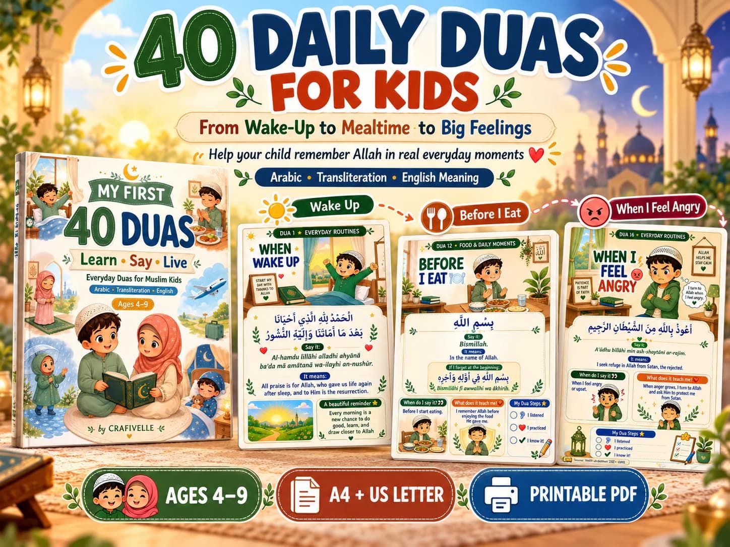 My First 40 Duas for Muslim Kids printable book showing daily Islamic prayers for waking up, eating and managing anger. Includes Arabic, transliteration, English meanings and illustrated learning activities. Ages 4–9.