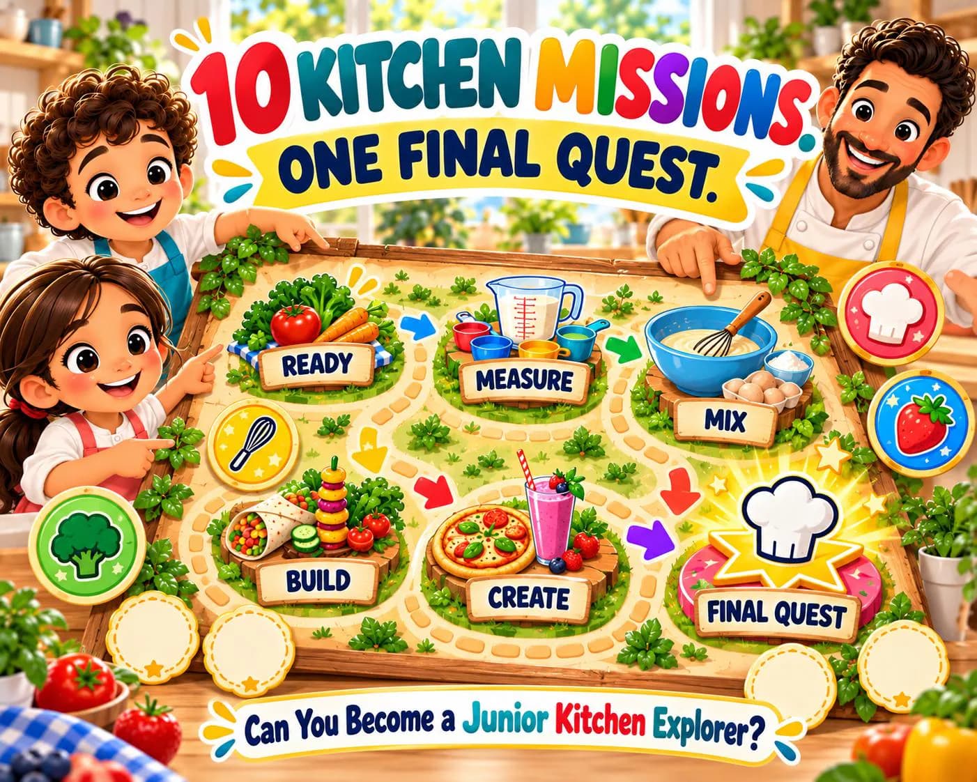 Kids cooking activity book showing 10 kitchen missions leading to a final kitchen quest with measuring, mixing, building, creating and cooking skills.