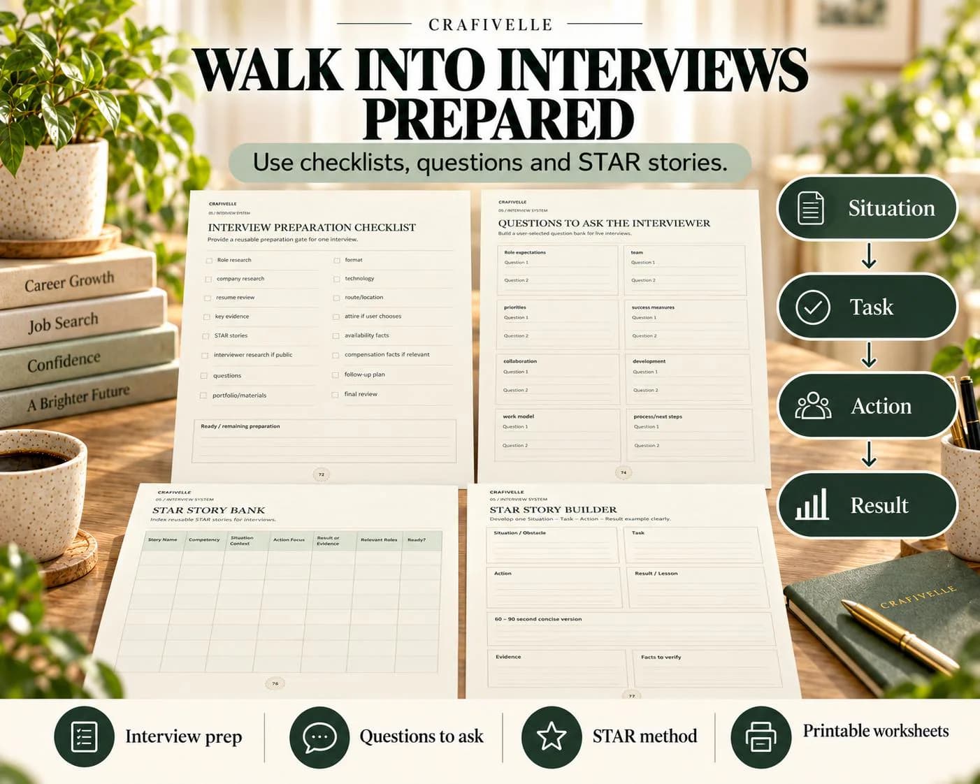 Printable interview preparation checklist, questions for interviewers, STAR story bank and STAR method worksheet for job seekers.