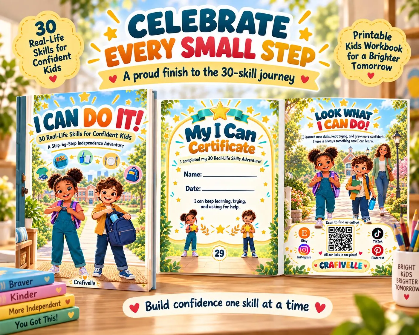 Printable kids life skills workbook showing completion certificate and final pages celebrating confidence, independence and progress.