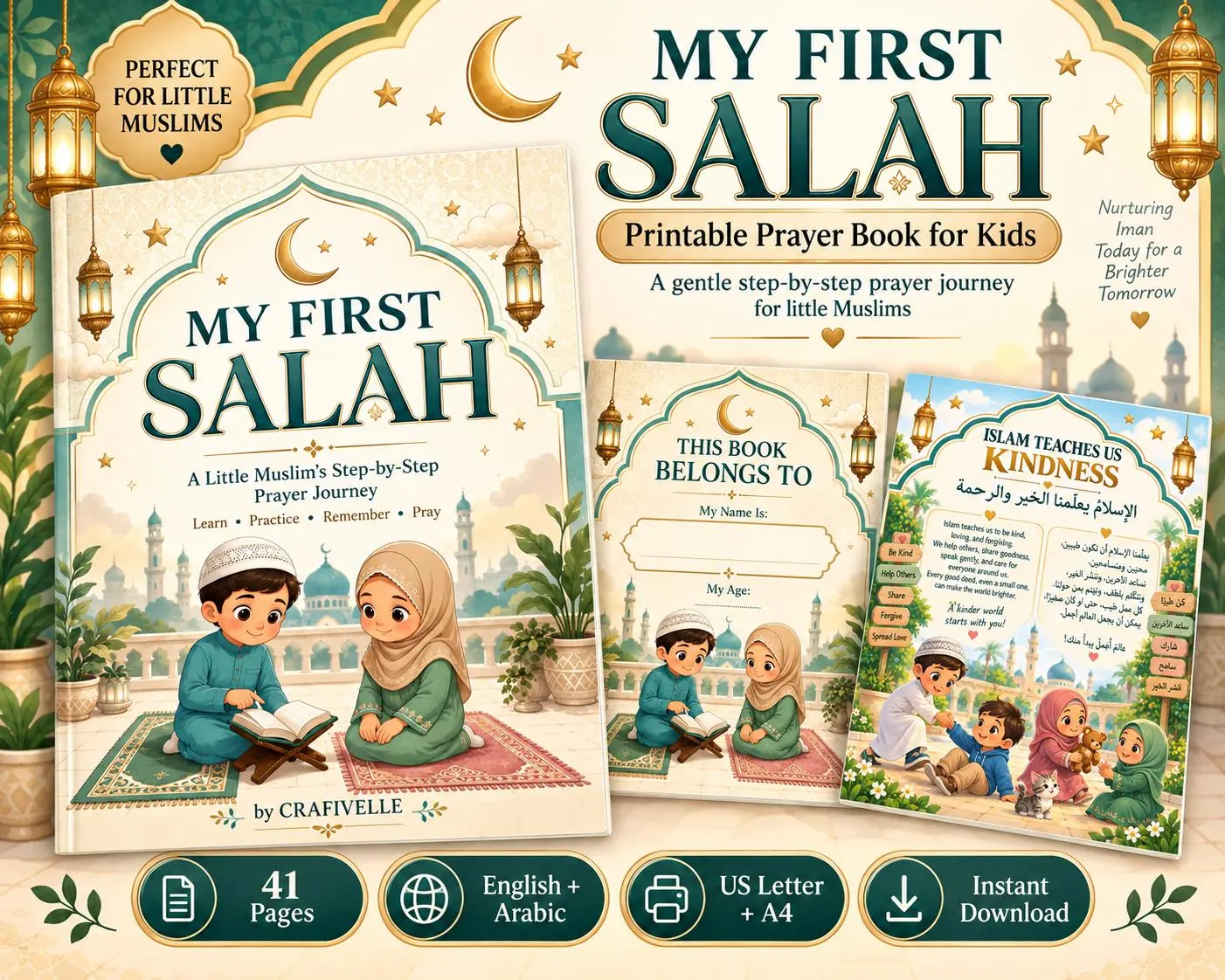 My First Salah 41-page printable prayer book for Muslim kids with colorful illustrated pages for learning Salah, Wudu, prayer positions and daily Islamic prayer.