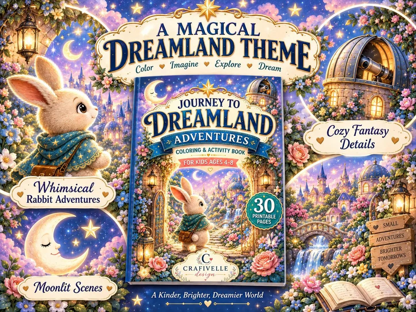 Printable bunny coloring book for kids featuring a sweet rabbit exploring magical Dreamland scenes with stars, flowers, cozy rooms and whimsical adventures designed for children ages 4–8.