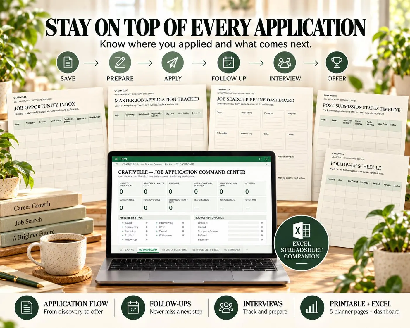 Job application tracking system showing opportunity inbox, application status tracker, follow-up schedule, pipeline dashboard and Excel workbook.