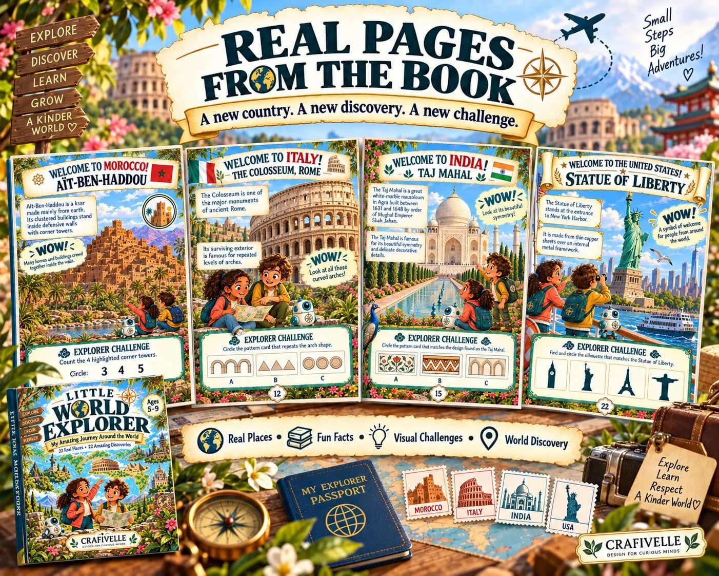 Four real printable pages from the children’s world activity book featuring Ait Ben Haddou, the Colosseum, Taj Mahal and Statue of Liberty with facts and visual challenges.