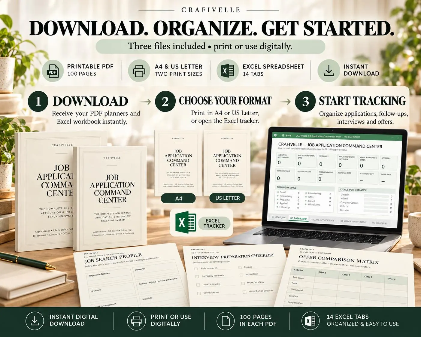 Digital job search planner download guide showing A4 and US Letter printable PDFs, 14-tab Excel workbook and three steps to begin tracking.