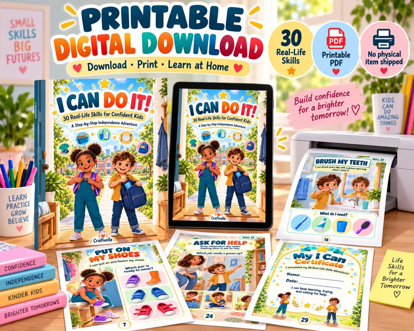 Digital printable life skills workbook for kids with 30 real-life skills, colorful activity pages and print-at-home PDF format.