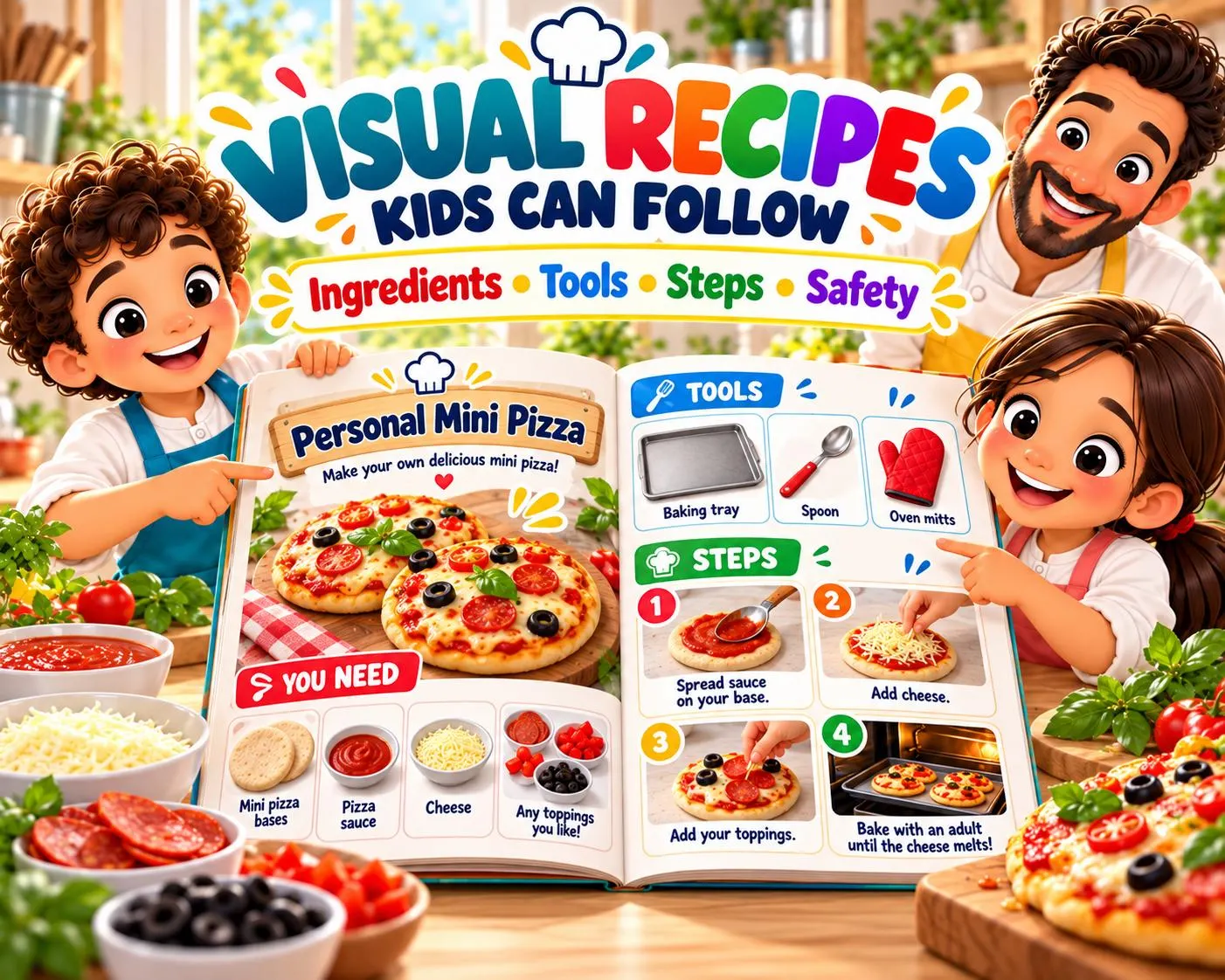 Visual recipe for kids with ingredients, kitchen tools, illustrated cooking steps and safety guidance from the Mission Yum printable cookbook.