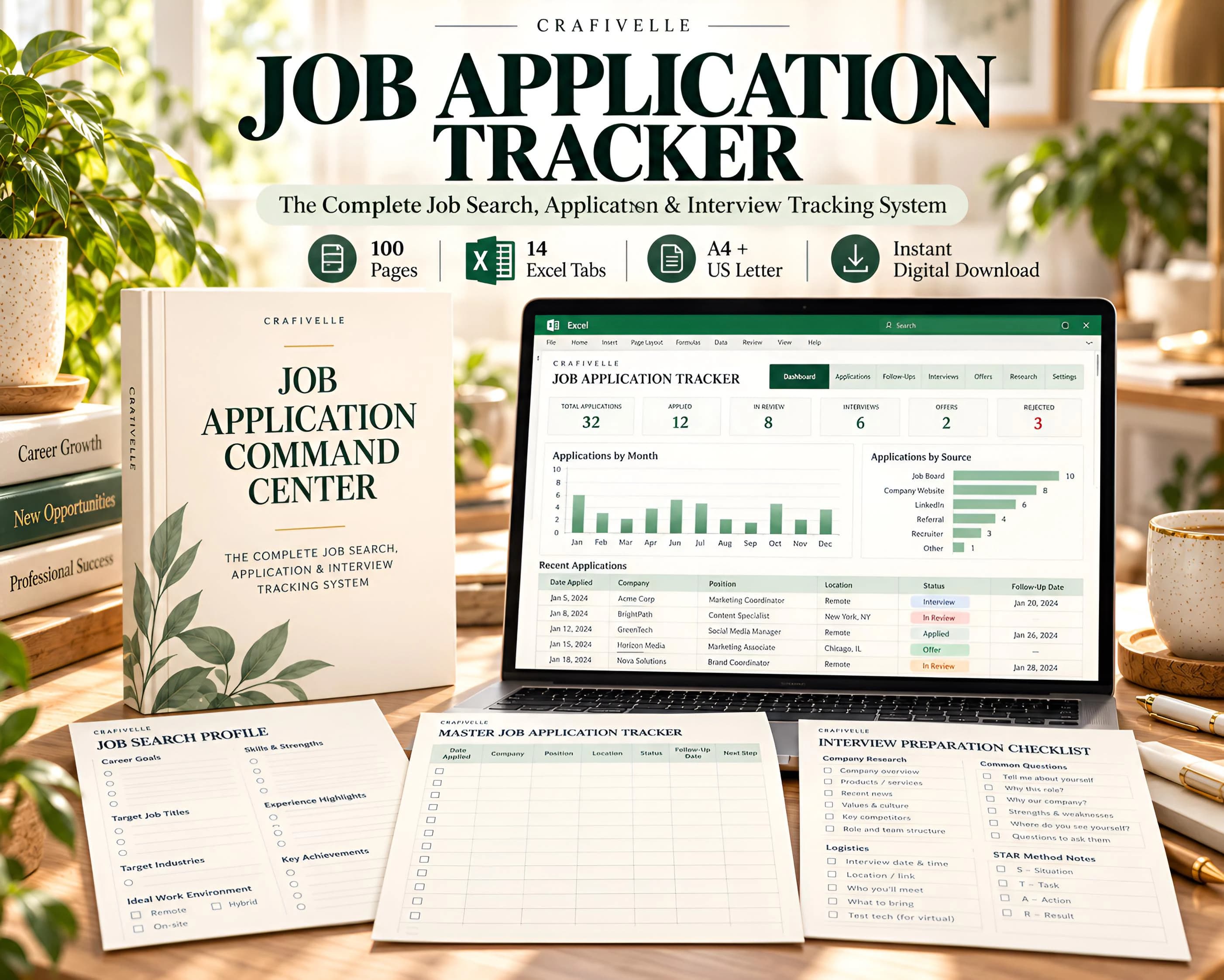 CRAFIVELLE job application tracker bundle with printed job search planner, laptop spreadsheet dashboard, 100-page badge and 14 Excel tabs.