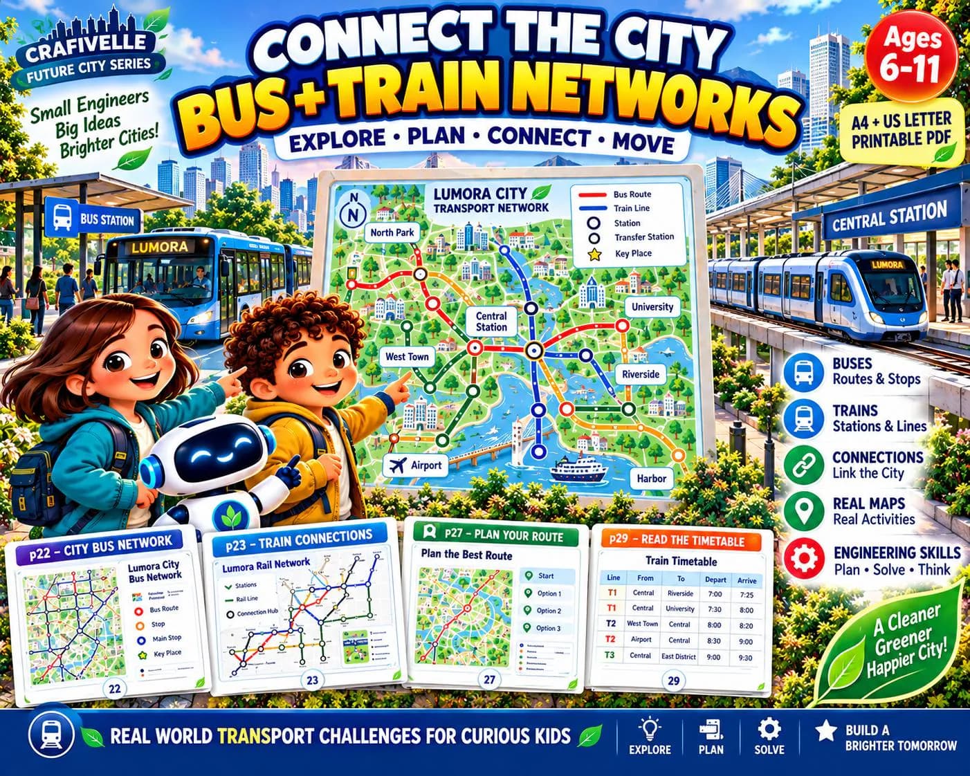 City transportation activity showing bus routes, train lines, stations and network connections across Lumora for a printable kids engineering STEM adventure.