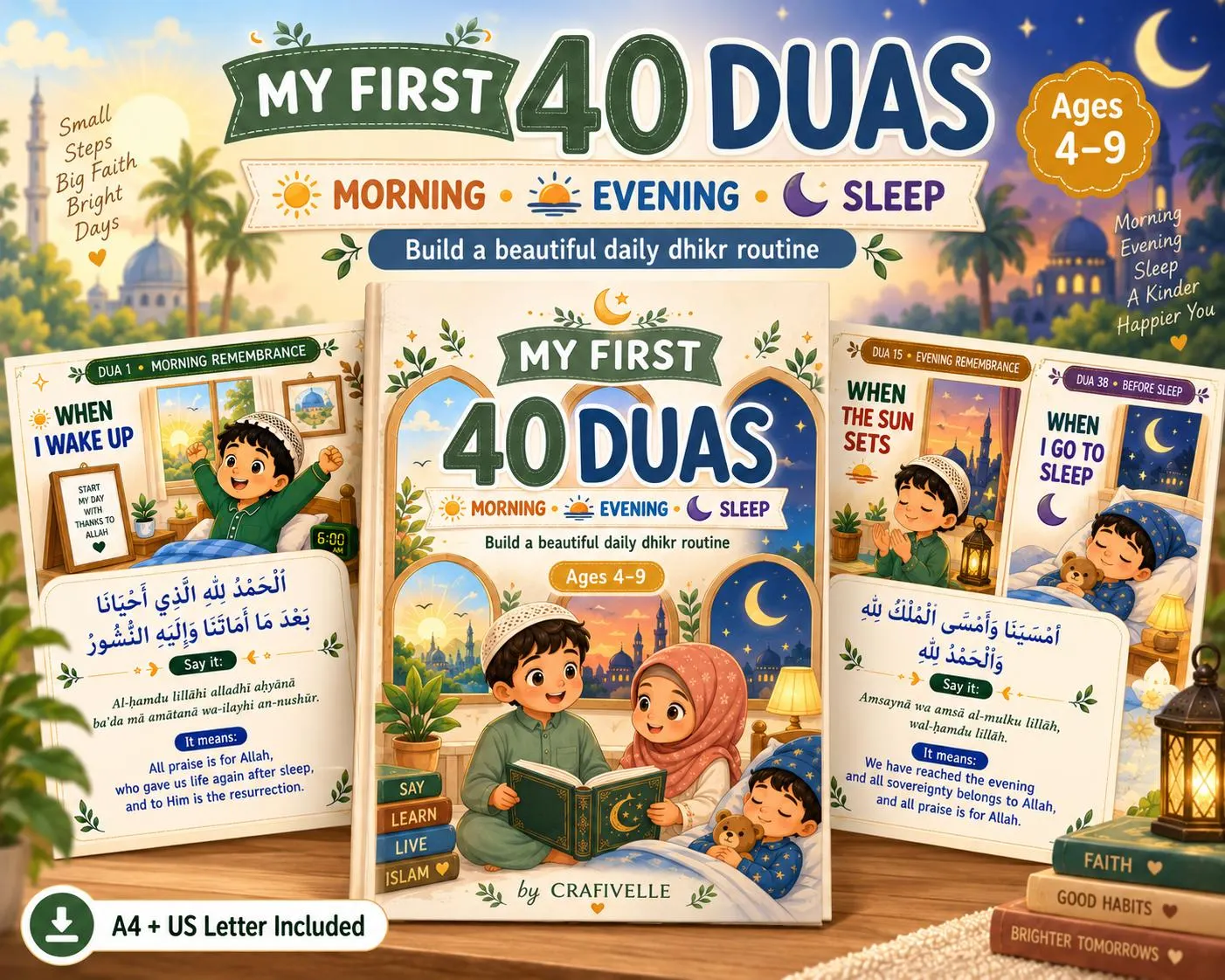My First 40 Duas printable kids book featuring morning, evening and sleep duas with Arabic text, easy transliteration, simple English meanings and colorful illustrations for young Muslim learners.
