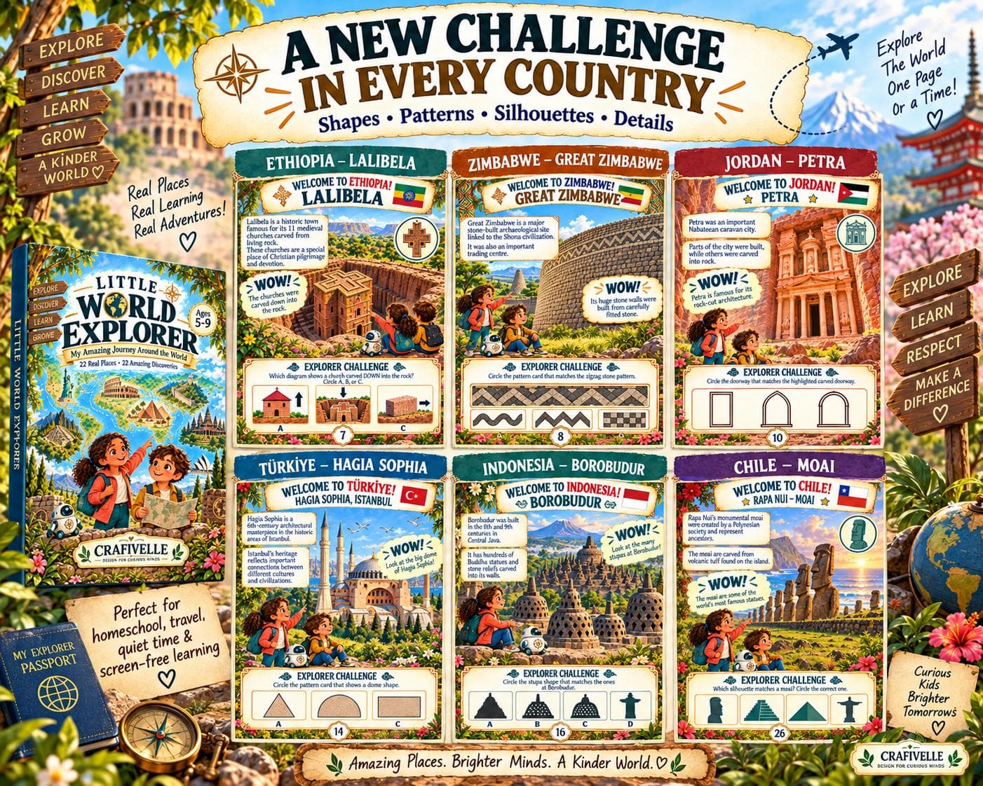 Six printable activity pages from Little World Explorer featuring Lalibela, Great Zimbabwe, Petra, Hagia Sophia, Borobudur and Rapa Nui with visual challenges for kids.