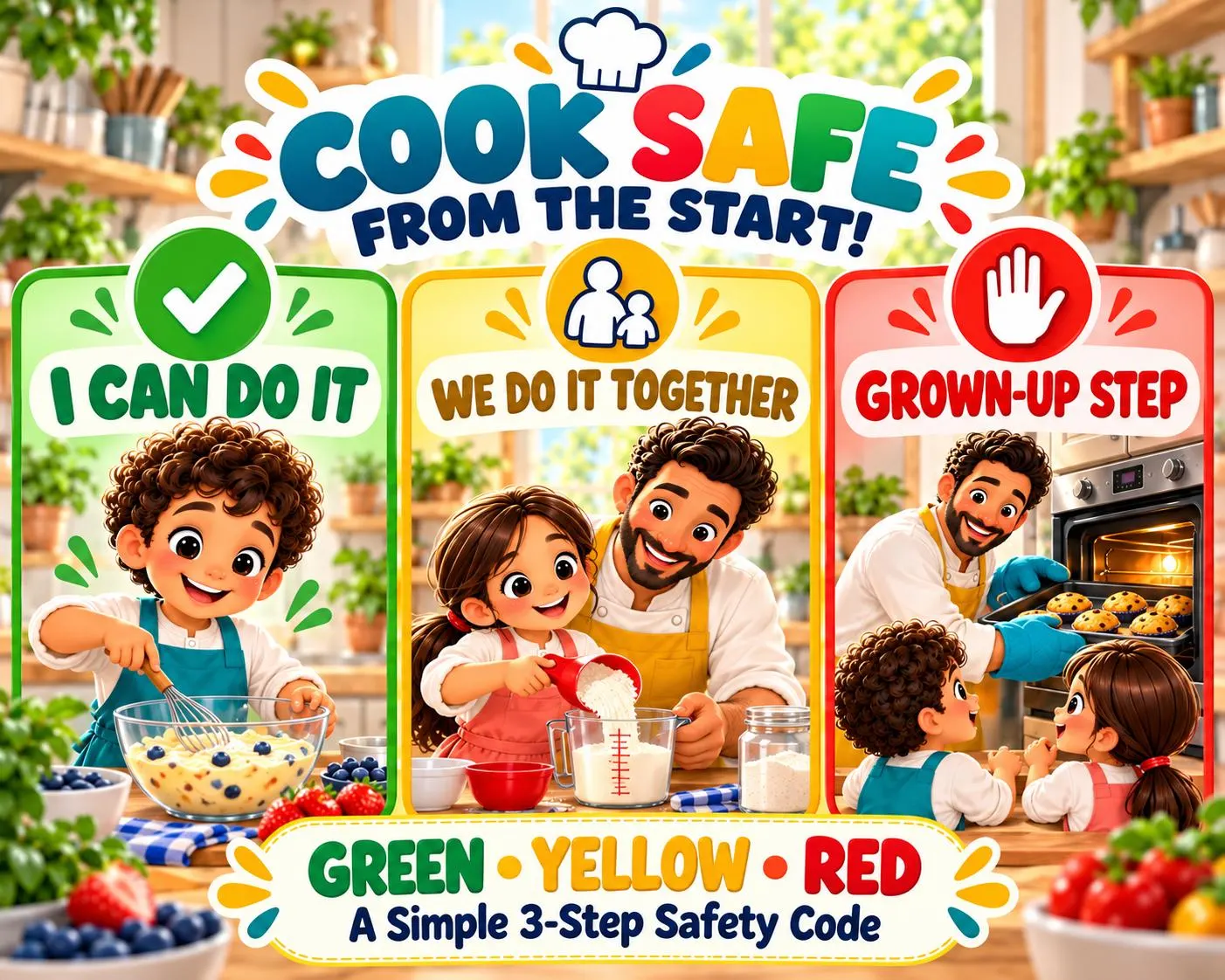 Kitchen safety activity for kids showing the Green I Can Do It, Yellow We Do It Together and Red Grown-Up Step safety system.