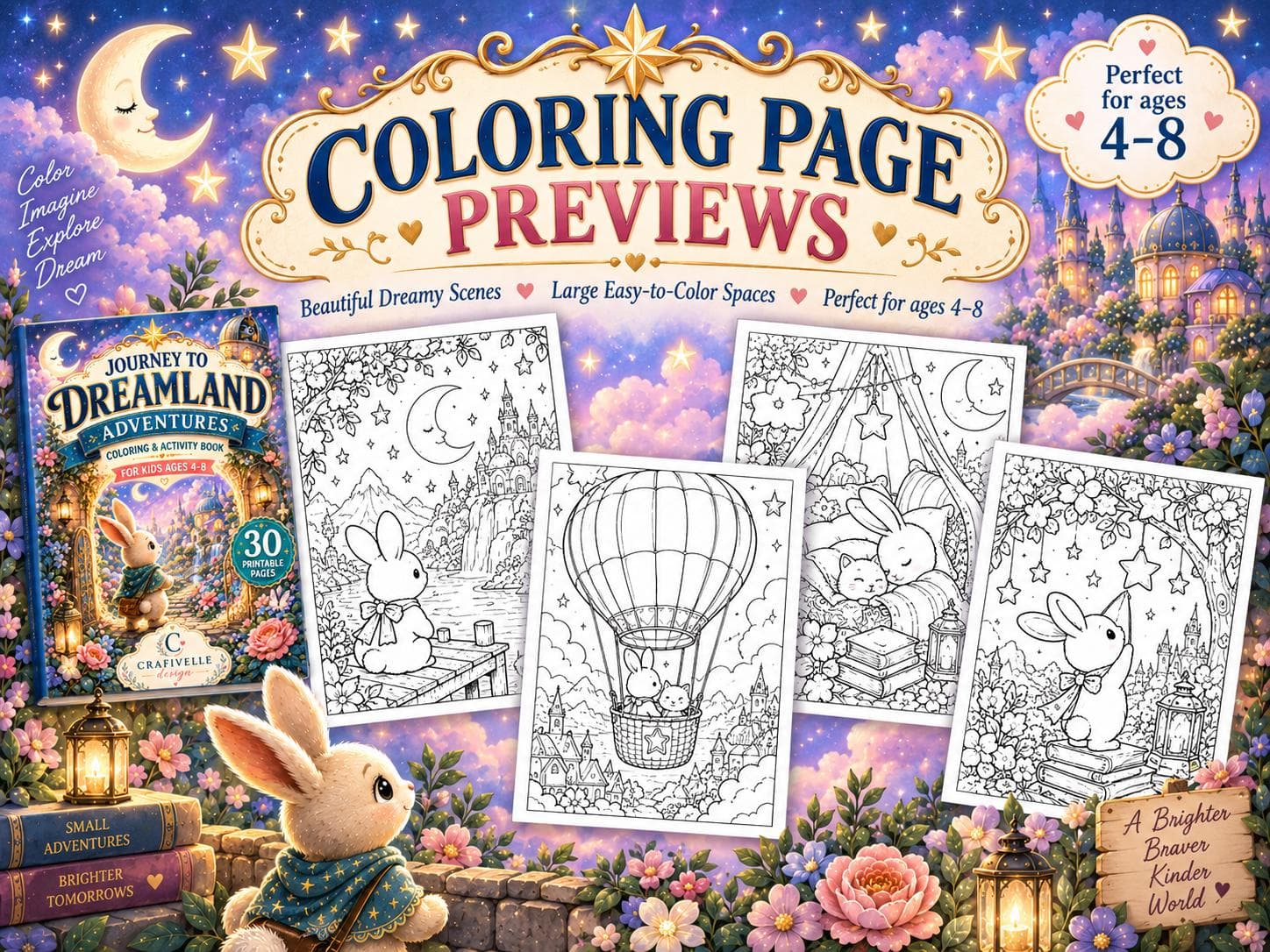 Preview of magical bunny coloring pages with detailed black-and-white rabbit illustrations, storybook fantasy scenes and kid-friendly line art for creative screen-free coloring time.