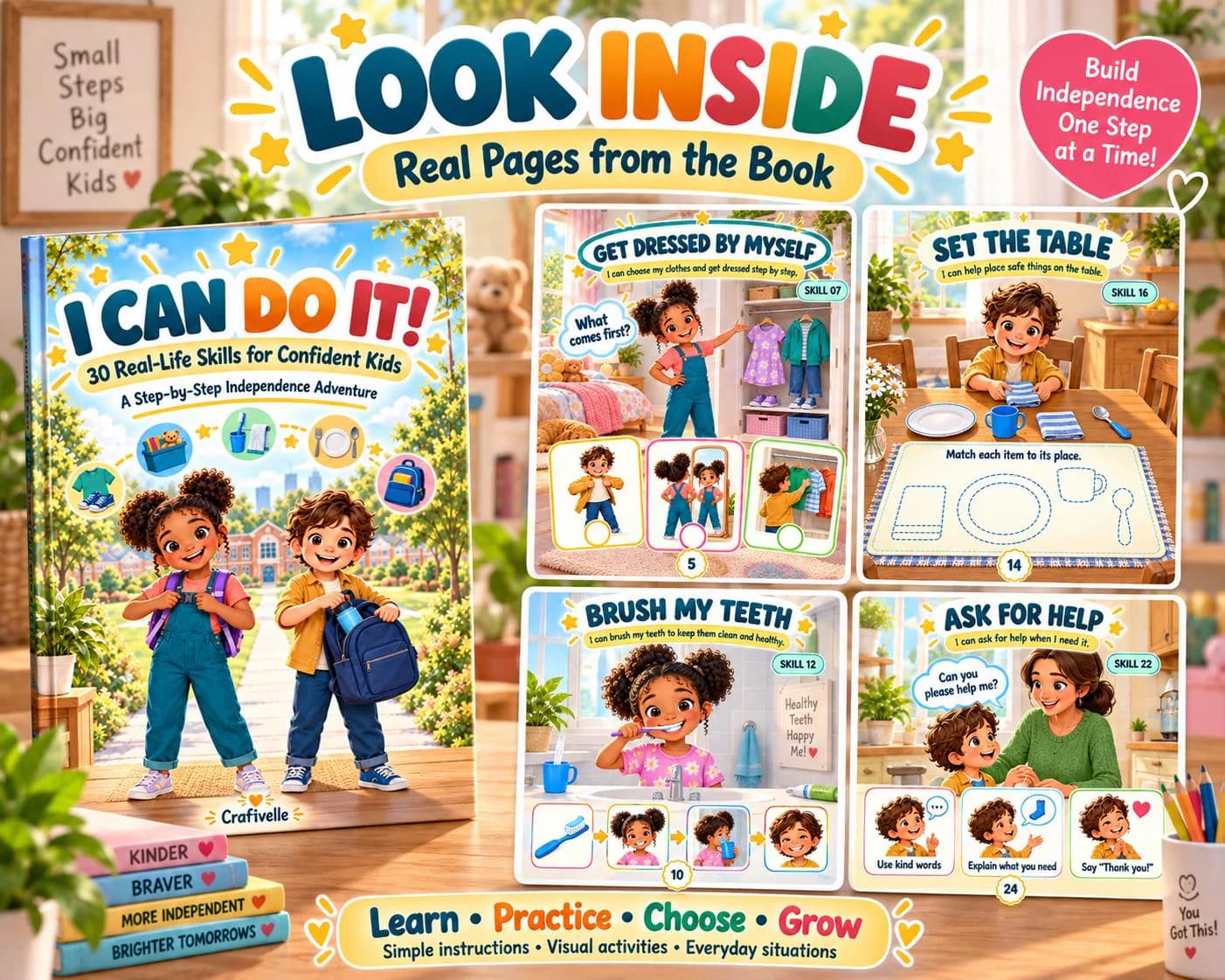 Look inside printable kids life skills workbook with real activity pages for getting dressed, setting the table, brushing teeth and asking for help.