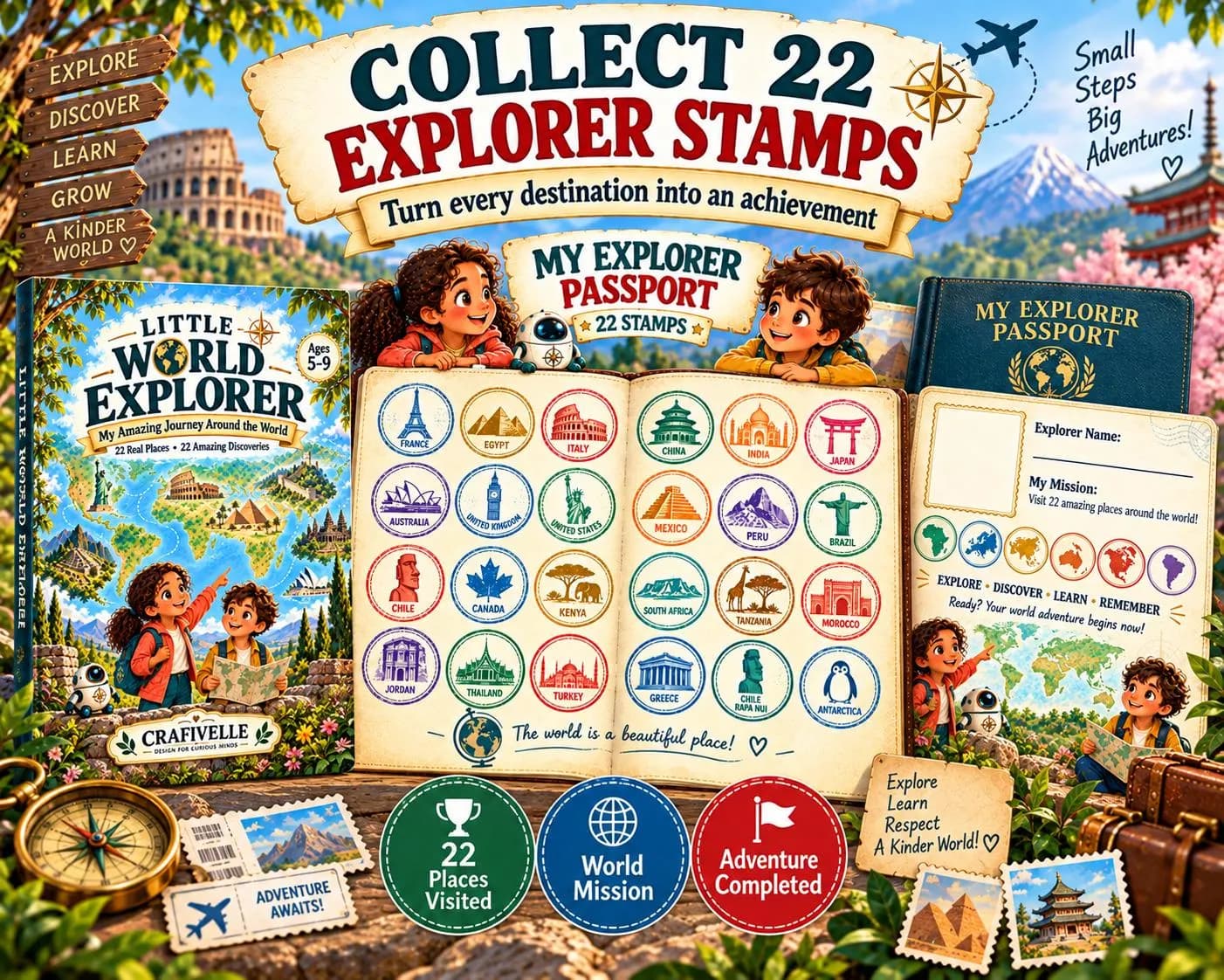 Little World Explorer printable book beside an open Explorer Passport showing 22 colorful destination stamps, passport pages and travel-themed learning elements for children.