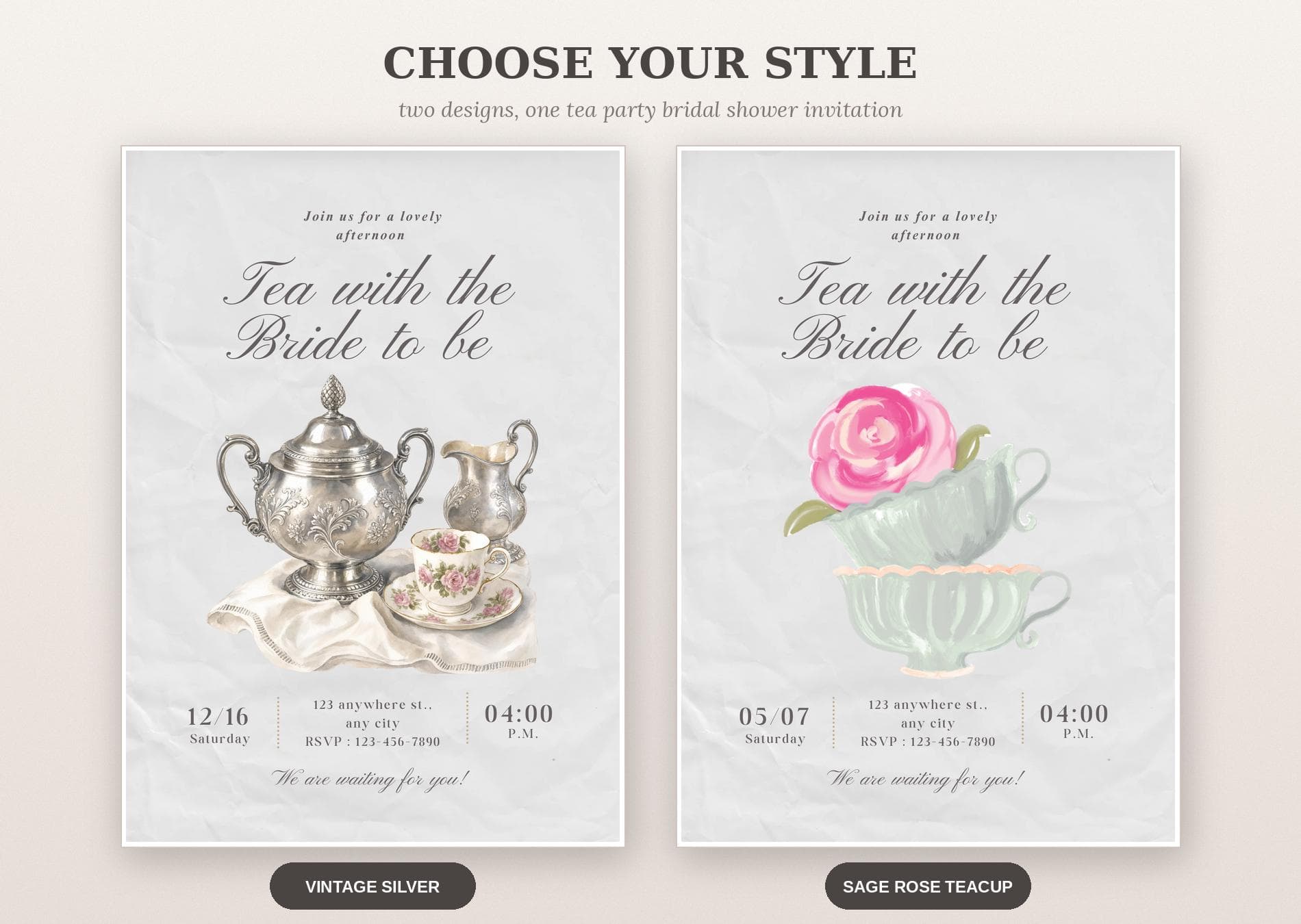 Tea Party Bridal Shower Invitation, Tea With The Bride To Be Template, Vintage Silver or Rose Teacup Design, Editable Canva Printable - image 5