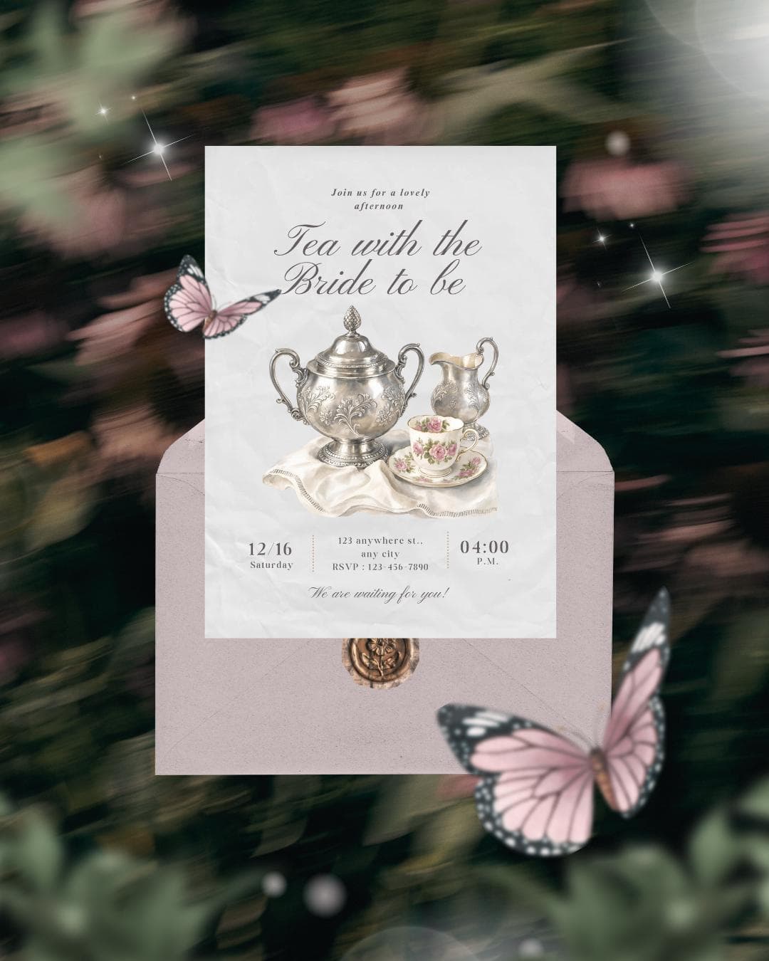 Tea Party Bridal Shower Invitation, Tea With The Bride To Be Template, Vintage Silver or Rose Teacup Design, Editable Canva Printable