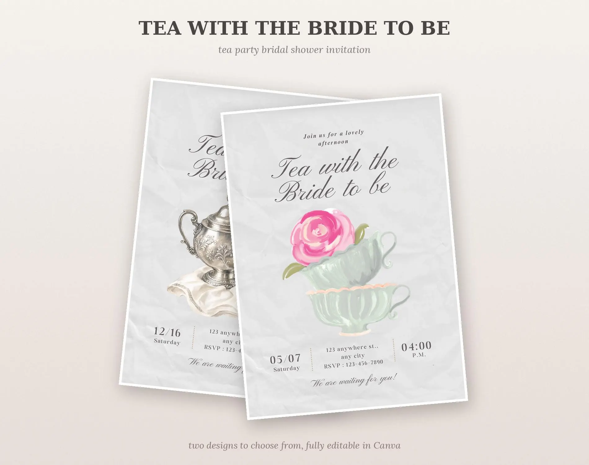 Tea Party Bridal Shower Invitation, Tea With The Bride To Be Template, Vintage Silver or Rose Teacup Design, Editable Canva Printable - image 4