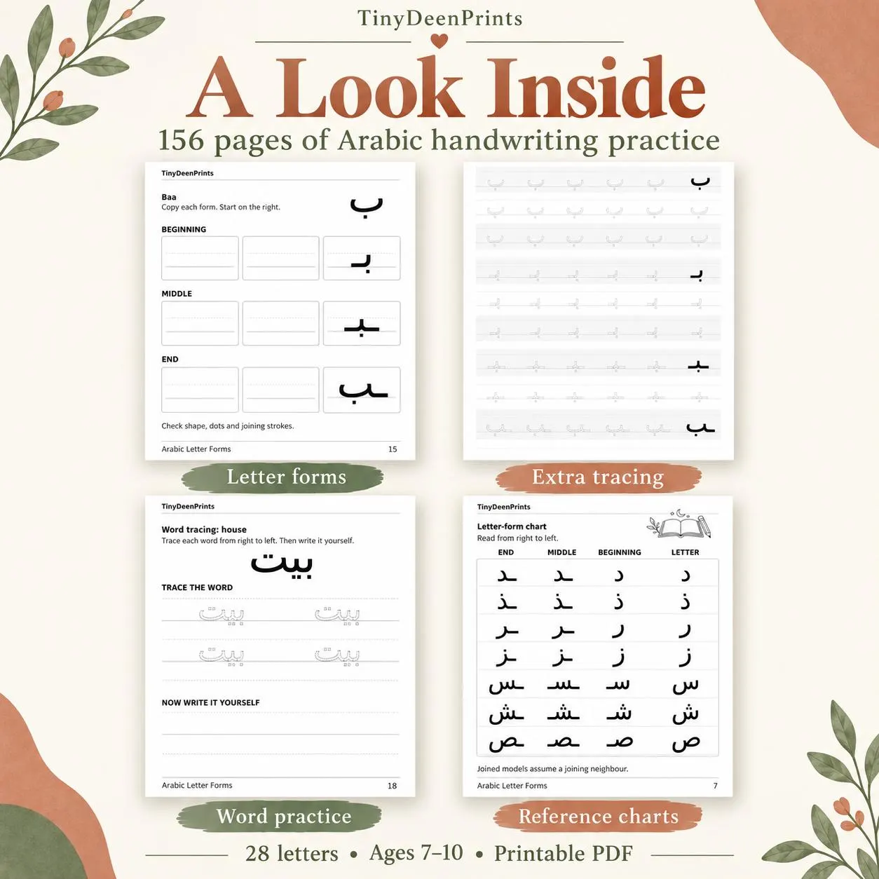 Arabic Handwriting Worksheets for Kids: Letter Forms and Tracing, 156-Page Printable PDF