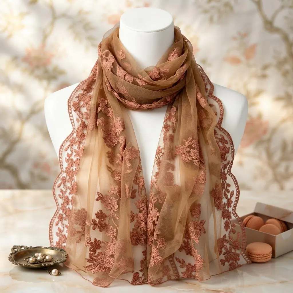 Long women's scarf with embroidered decorative details shown laid out.